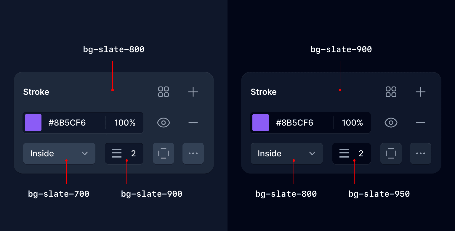 Comparación entre dos interfaces de usuario oscuras, una usando slate-900 como el color más oscuro y la otra usando slate-950 como el color más oscuro