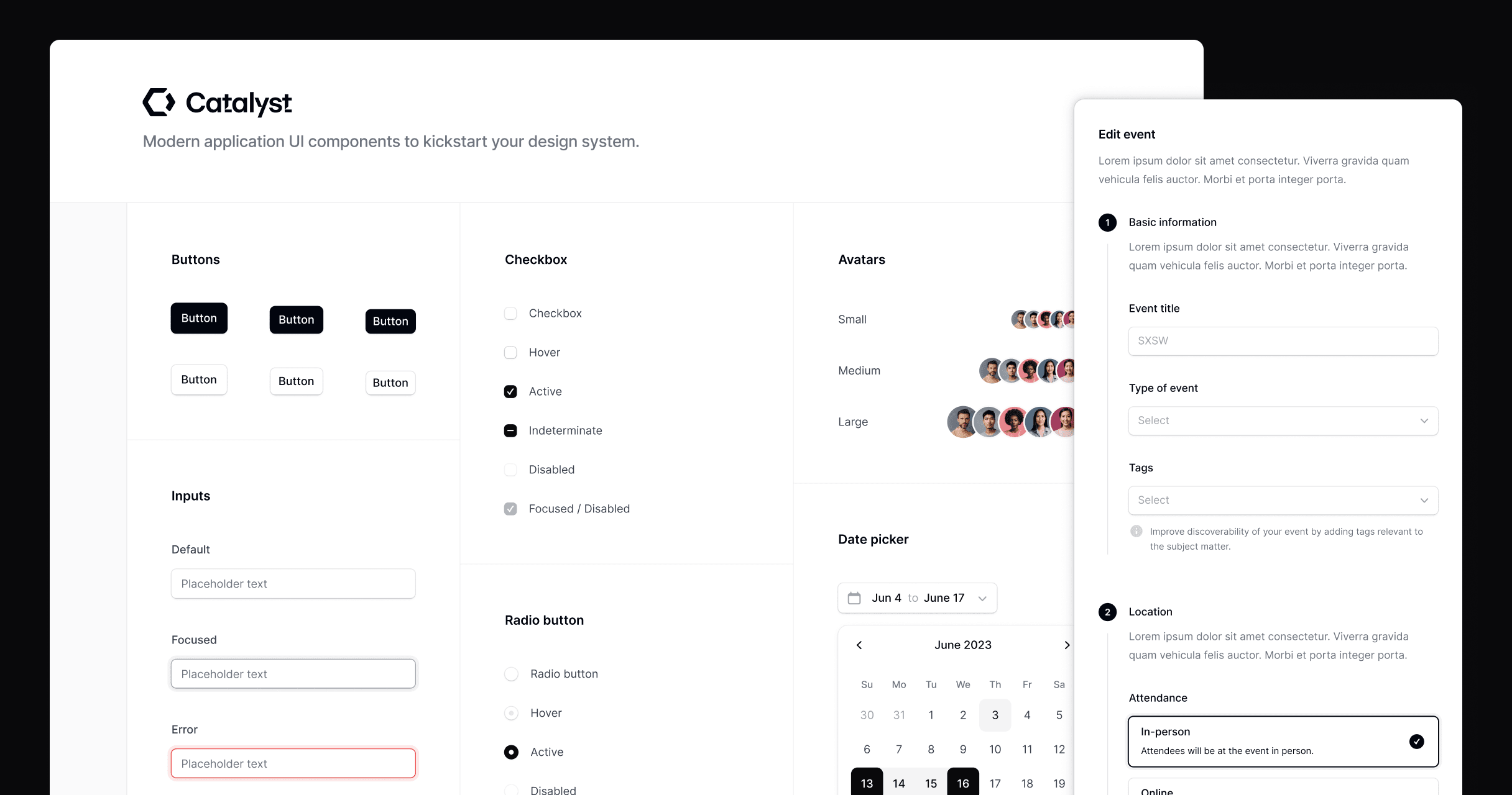 Un collage de componentes incluidos en el kit de UI Catalyst.
