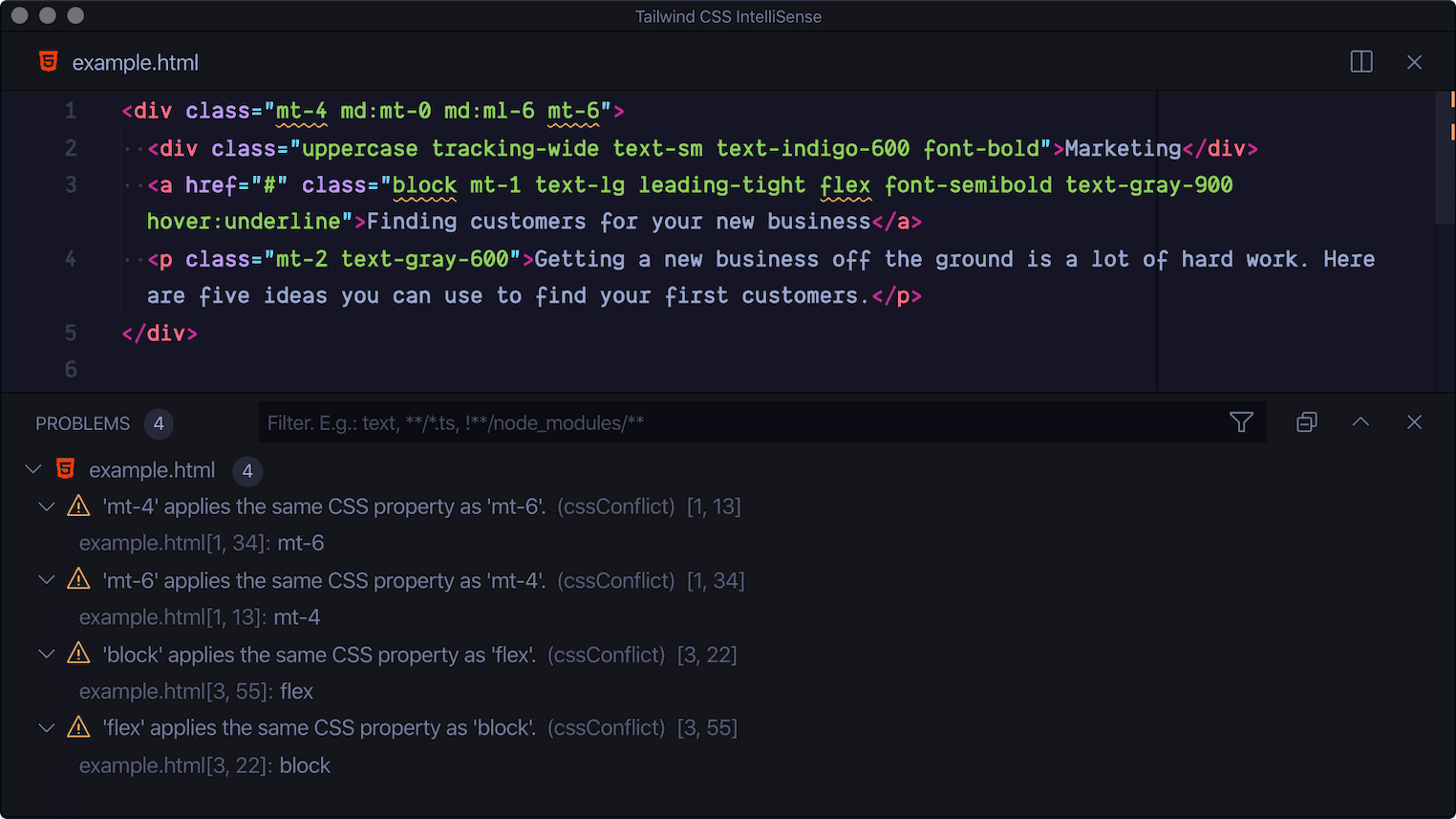 Captura de pantalla mostrando el linting de marcado en acción