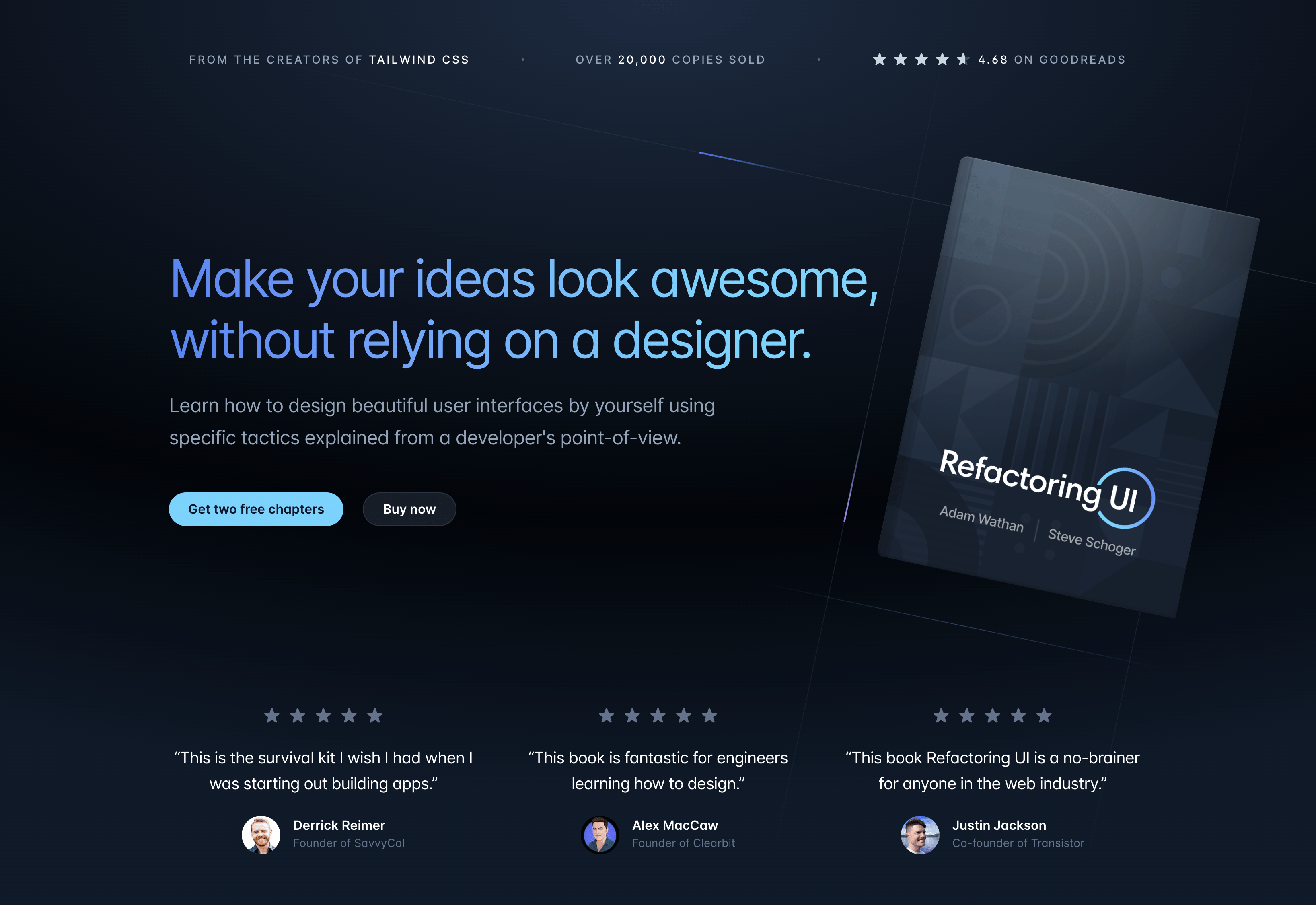 Sección de encabezado del sitio web rediseñado de Refactoring UI.