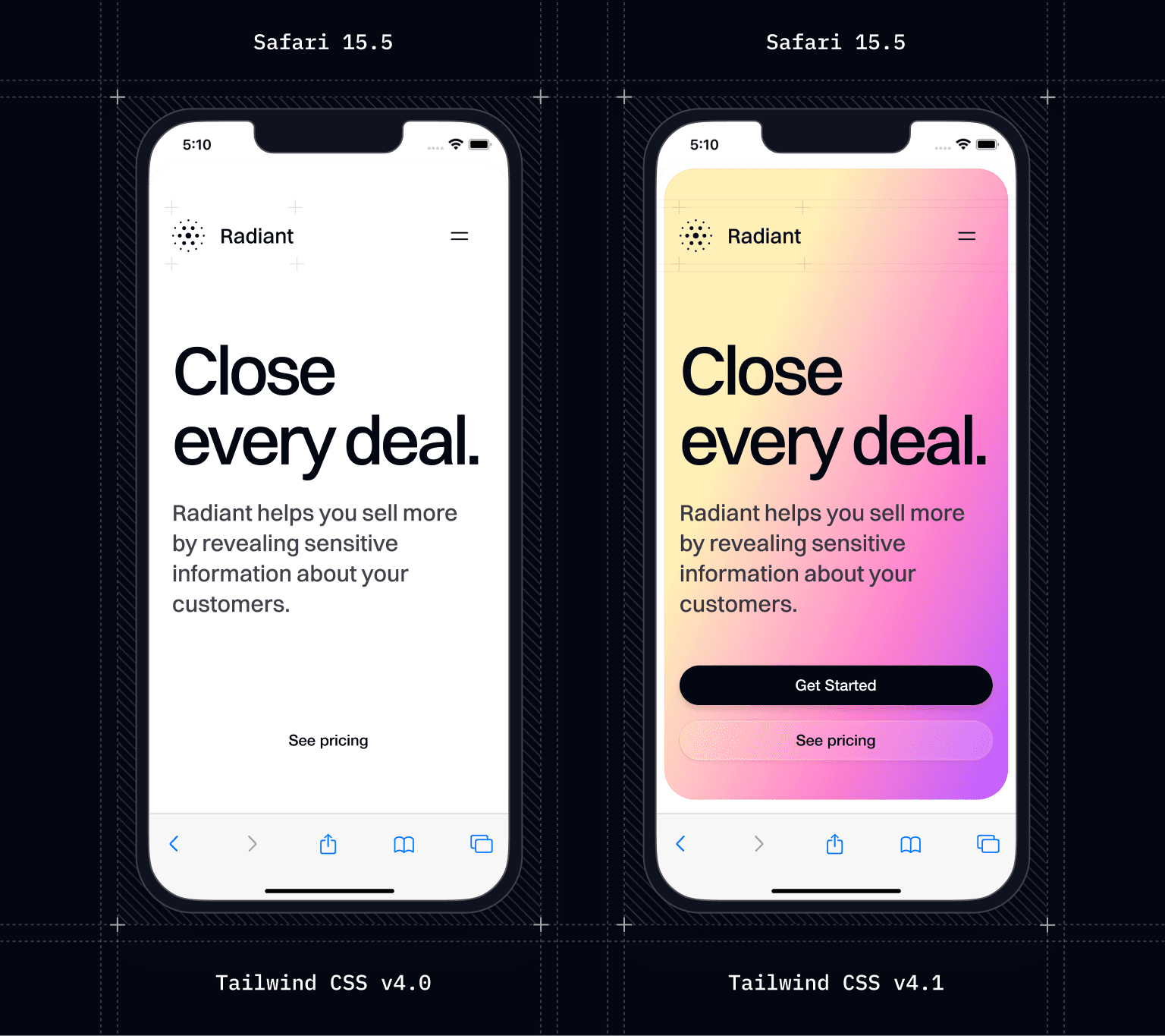 Comparación entre cómo Tailwind CSS v4.0 (izquierda) y Tailwind CSS v4.1 (derecha) renderizan en Safari 15.5. Tailwind CSS v4.0 no logra renderizar algunos gradientes de fondo que ahora son visibles en Tailwind CSS v4.1