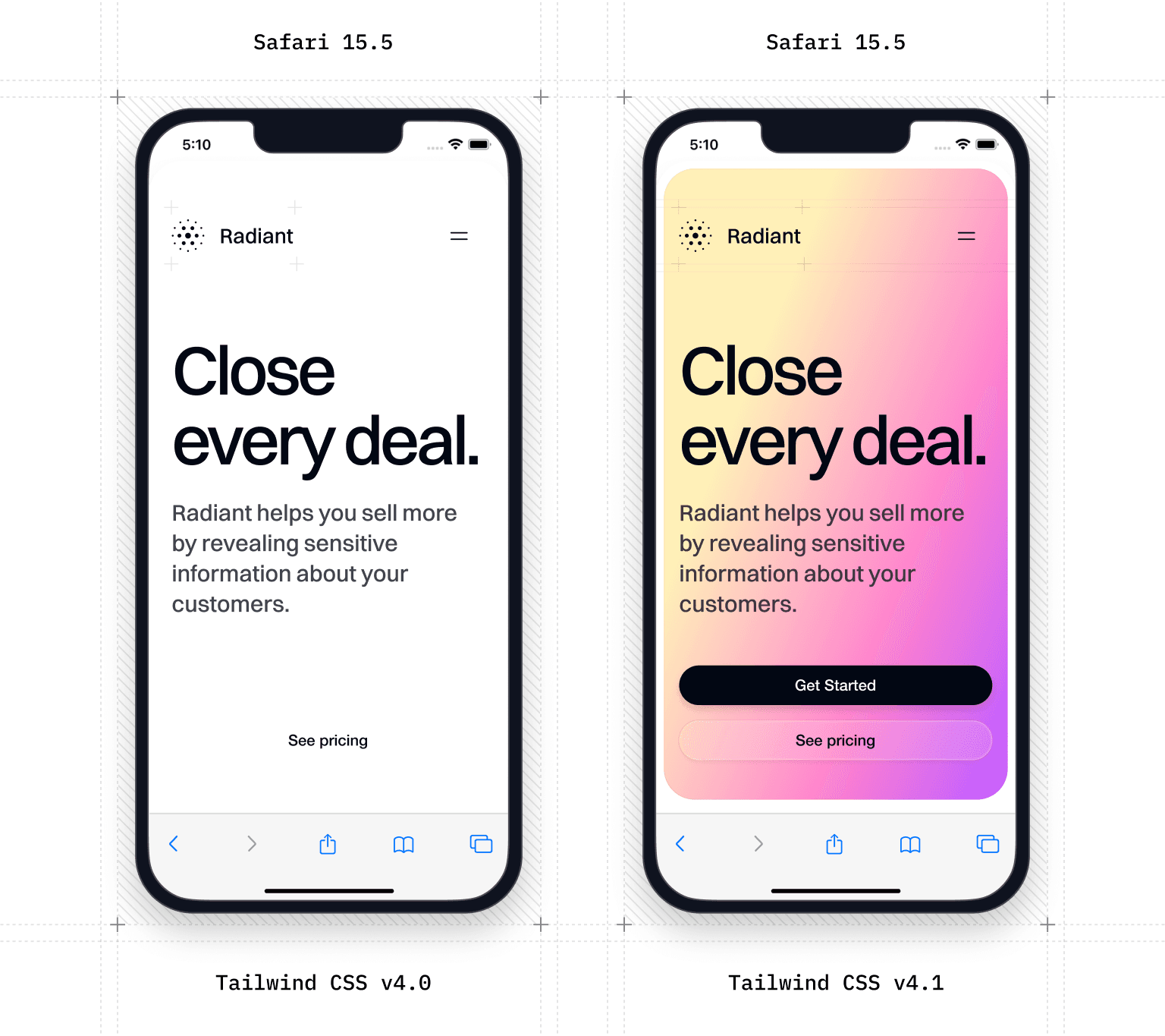 Comparación entre cómo Tailwind CSS v4.0 (izquierda) y Tailwind CSS v4.1 (derecha) renderizan en Safari 15.5. Tailwind CSS v4.0 no logra renderizar algunos gradientes de fondo que ahora son visibles en Tailwind CSS v4.1